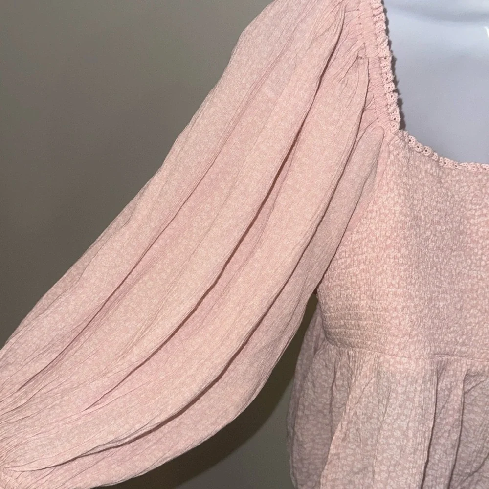 Free People Pink Puff Sleeve Smocked Blouse , sz M